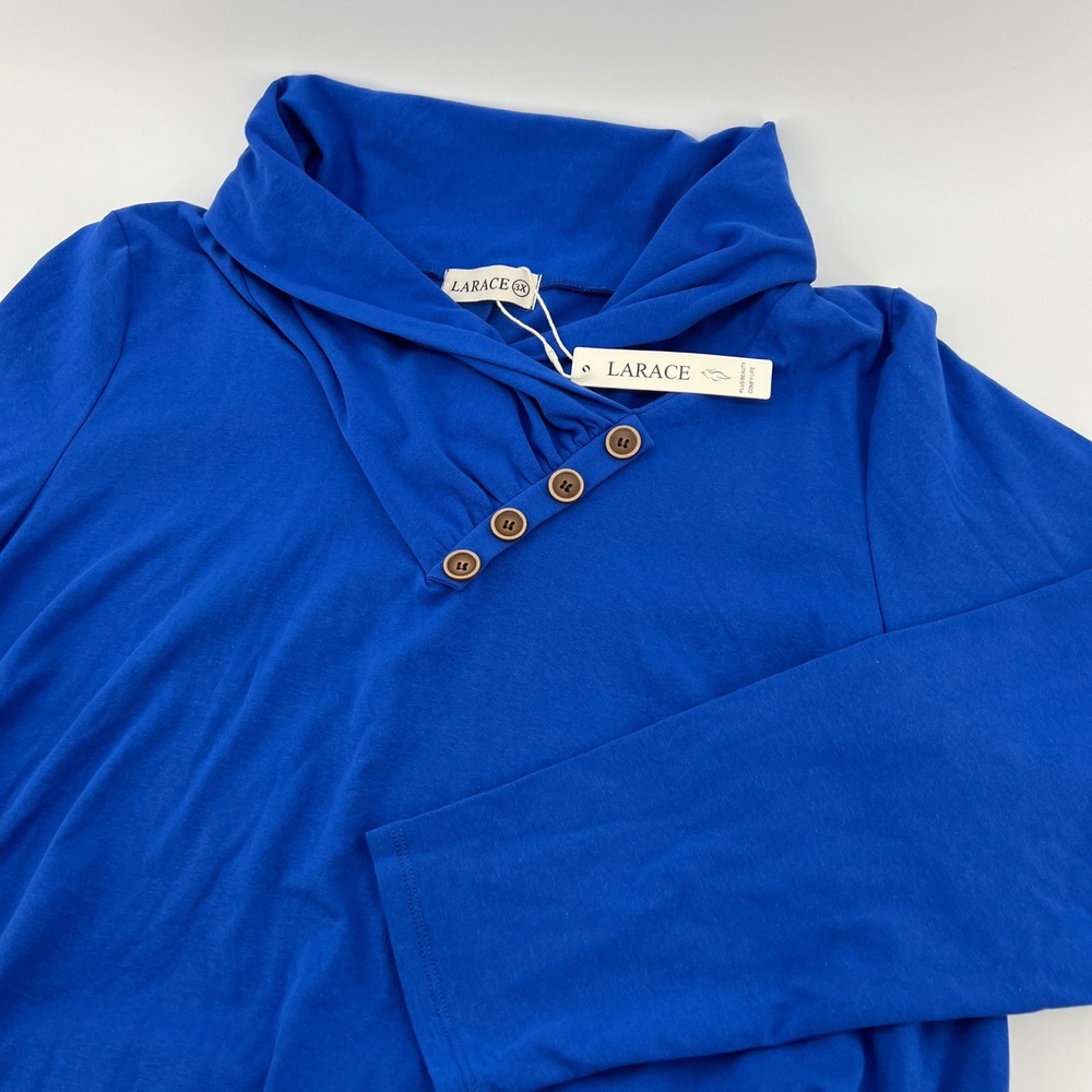 Larace Womens Royal Blue Cowl Neck Button Detail Long Sleeve Tunic Top 3X NWT
